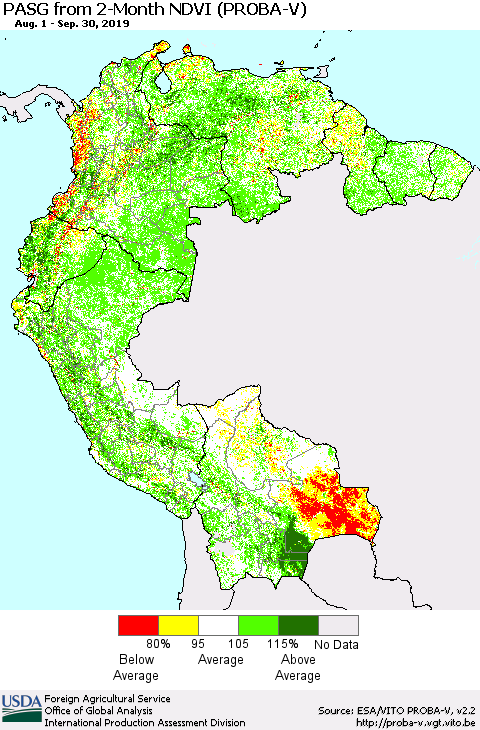 Northern South America PASG from 2-Month NDVI (PROBA-V) Thematic Map For 9/21/2019 - 9/30/2019