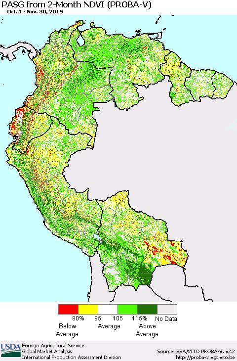 Northern South America PASG from 2-Month NDVI (PROBA-V) Thematic Map For 11/21/2019 - 11/30/2019