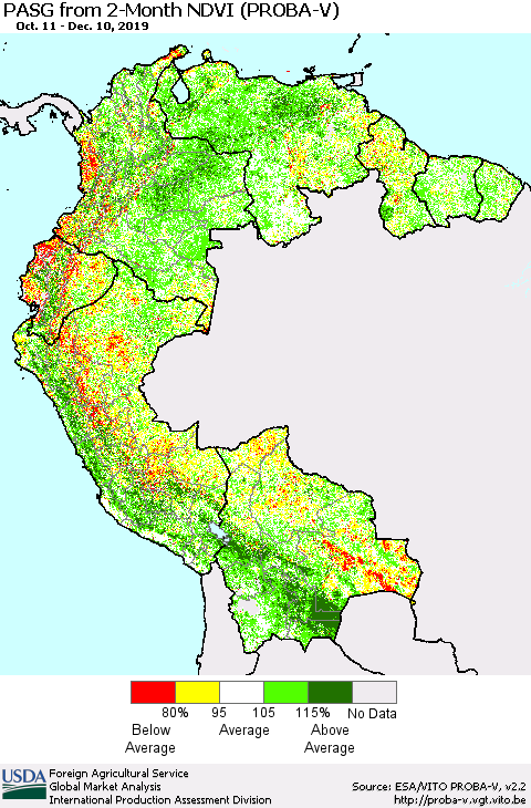 Northern South America PASG from 2-Month NDVI (PROBA-V) Thematic Map For 12/1/2019 - 12/10/2019
