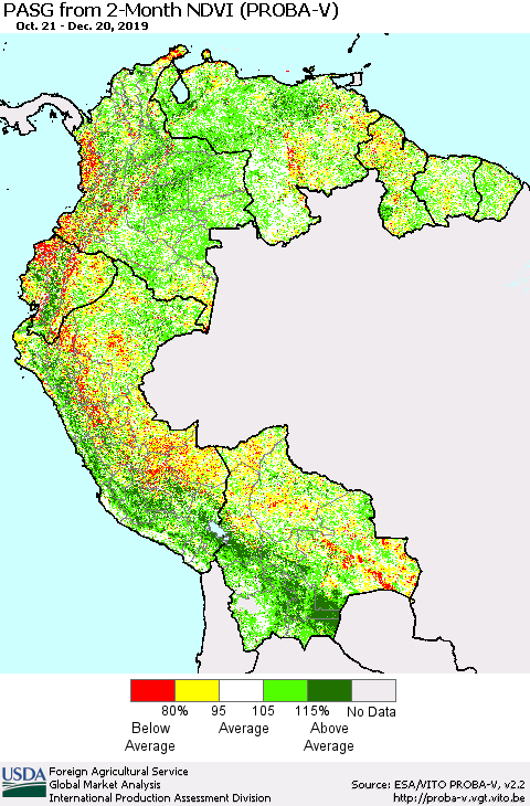 Northern South America PASG from 2-Month NDVI (PROBA-V) Thematic Map For 12/11/2019 - 12/20/2019