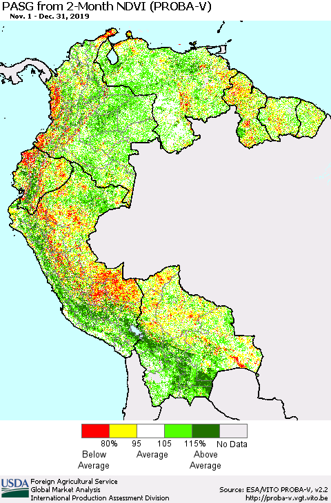 Northern South America PASG from 2-Month NDVI (PROBA-V) Thematic Map For 12/21/2019 - 12/31/2019