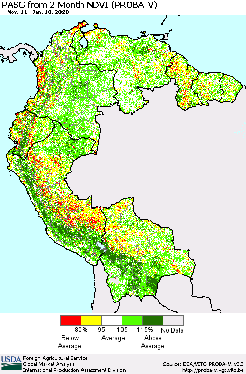 Northern South America PASG from 2-Month NDVI (PROBA-V) Thematic Map For 1/1/2020 - 1/10/2020