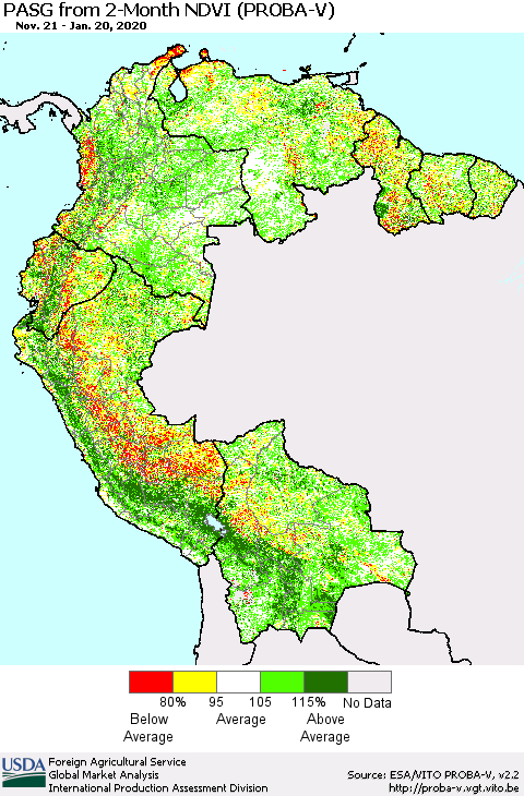 Northern South America PASG from 2-Month NDVI (PROBA-V) Thematic Map For 1/11/2020 - 1/20/2020