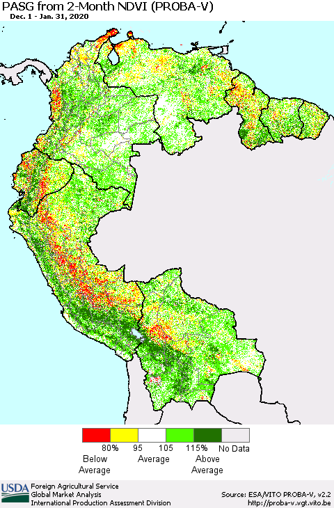 Northern South America PASG from 2-Month NDVI (PROBA-V) Thematic Map For 1/21/2020 - 1/31/2020