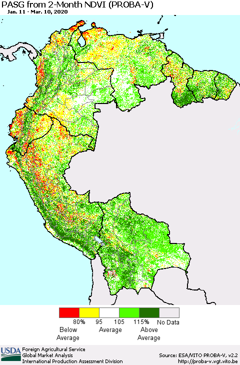 Northern South America PASG from 2-Month NDVI (PROBA-V) Thematic Map For 3/1/2020 - 3/10/2020