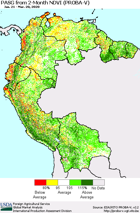 Northern South America PASG from 2-Month NDVI (PROBA-V) Thematic Map For 3/11/2020 - 3/20/2020