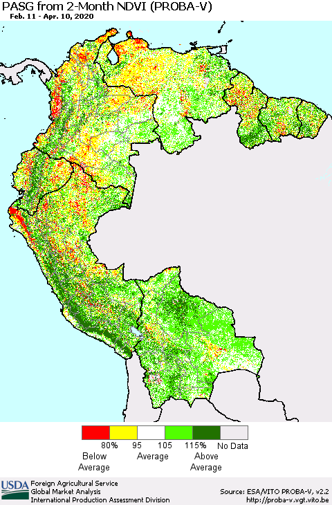 Northern South America PASG from 2-Month NDVI (PROBA-V) Thematic Map For 4/1/2020 - 4/10/2020