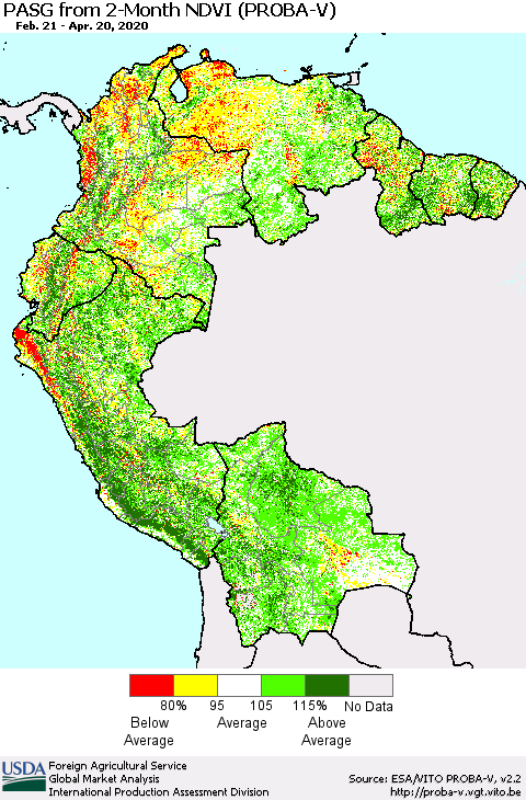 Northern South America PASG from 2-Month NDVI (PROBA-V) Thematic Map For 4/11/2020 - 4/20/2020