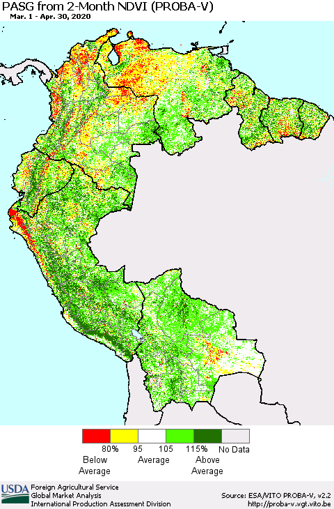 Northern South America PASG from 2-Month NDVI (PROBA-V) Thematic Map For 4/21/2020 - 4/30/2020
