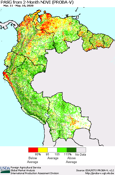 Northern South America PASG from 2-Month NDVI (PROBA-V) Thematic Map For 5/1/2020 - 5/10/2020