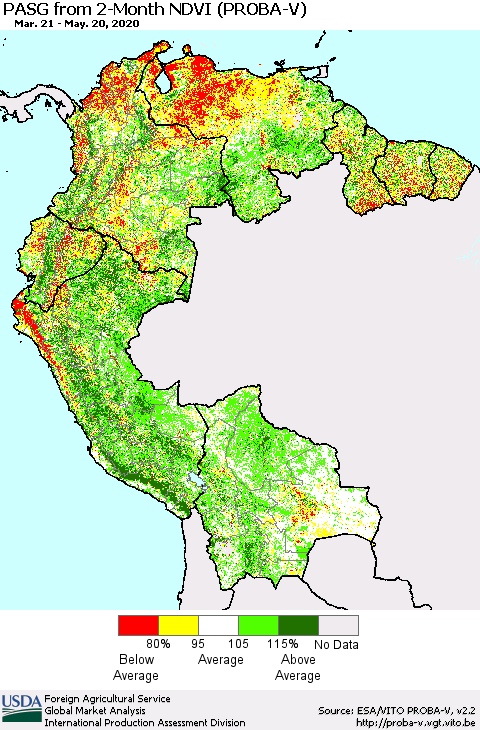 Northern South America PASG from 2-Month NDVI (PROBA-V) Thematic Map For 5/11/2020 - 5/20/2020