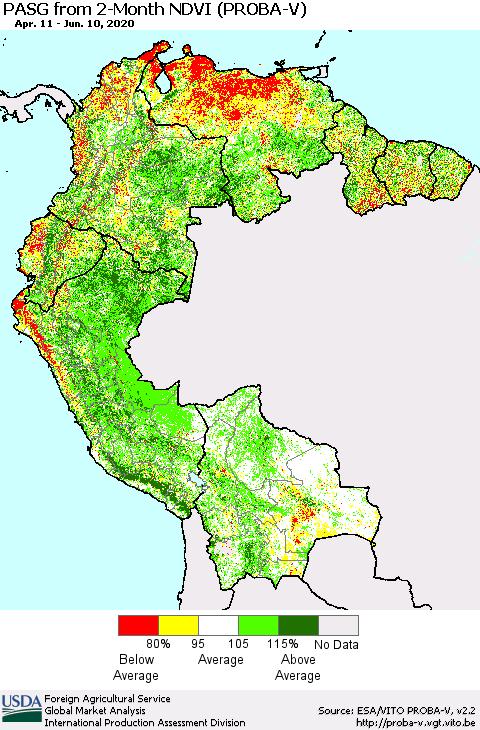 Northern South America PASG from 2-Month NDVI (PROBA-V) Thematic Map For 6/1/2020 - 6/10/2020