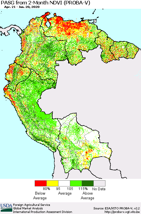 Northern South America PASG from 2-Month NDVI (PROBA-V) Thematic Map For 6/11/2020 - 6/20/2020