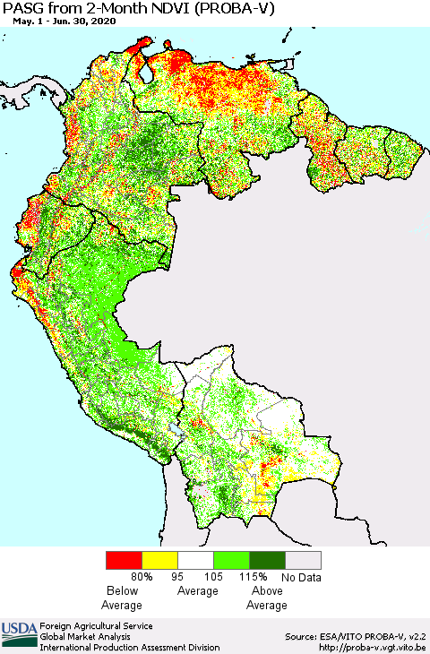 Northern South America PASG from 2-Month NDVI (PROBA-V) Thematic Map For 6/21/2020 - 6/30/2020