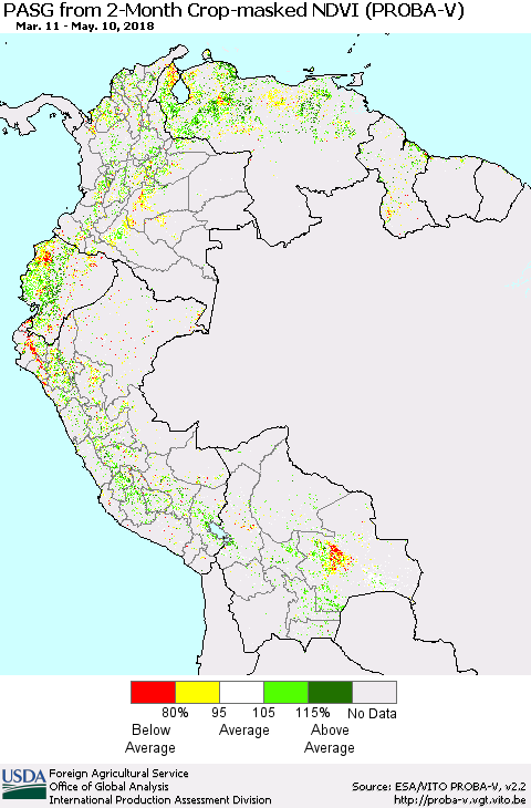 Northern South America PASG from 2-Month Crop-masked NDVI (PROBA-V) Thematic Map For 5/1/2018 - 5/10/2018