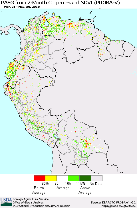 Northern South America PASG from 2-Month Crop-masked NDVI (PROBA-V) Thematic Map For 5/11/2018 - 5/20/2018
