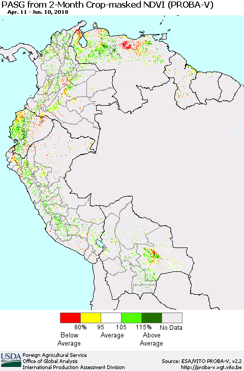 Northern South America PASG from 2-Month Crop-masked NDVI (PROBA-V) Thematic Map For 6/1/2018 - 6/10/2018