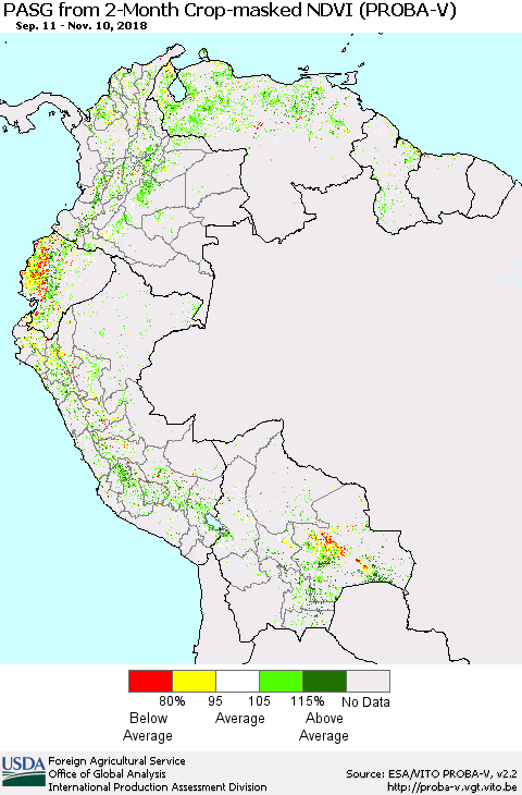 Northern South America PASG from 2-Month Crop-masked NDVI (PROBA-V) Thematic Map For 11/1/2018 - 11/10/2018