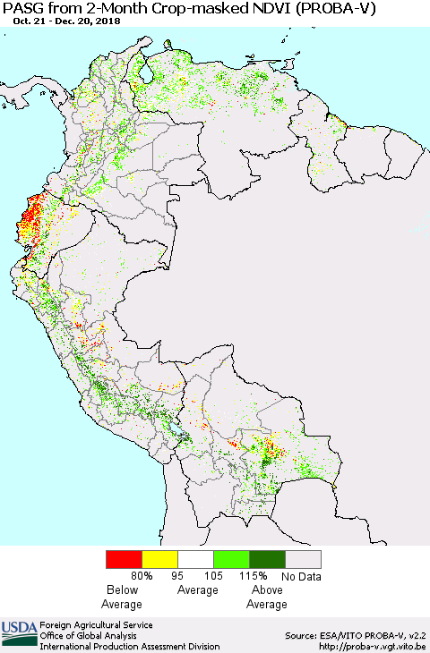 Northern South America PASG from 2-Month Crop-masked NDVI (PROBA-V) Thematic Map For 12/11/2018 - 12/20/2018