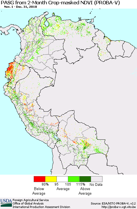 Northern South America PASG from 2-Month Crop-masked NDVI (PROBA-V) Thematic Map For 12/21/2018 - 12/31/2018