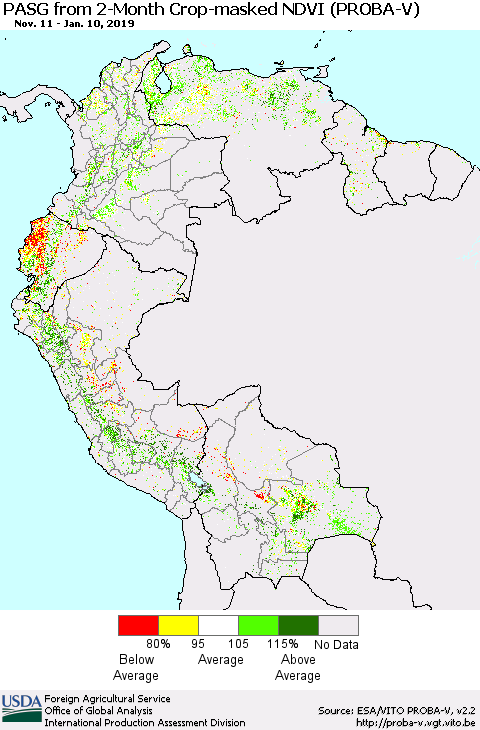 Northern South America PASG from 2-Month Crop-masked NDVI (PROBA-V) Thematic Map For 1/1/2019 - 1/10/2019