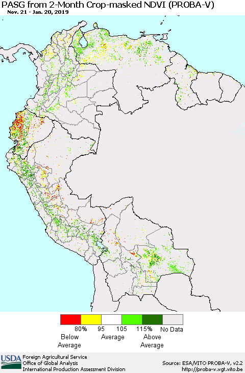 Northern South America PASG from 2-Month Crop-masked NDVI (PROBA-V) Thematic Map For 1/11/2019 - 1/20/2019