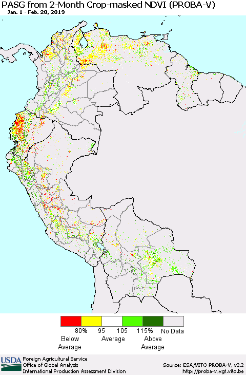 Northern South America PASG from 2-Month Crop-masked NDVI (PROBA-V) Thematic Map For 2/21/2019 - 2/28/2019