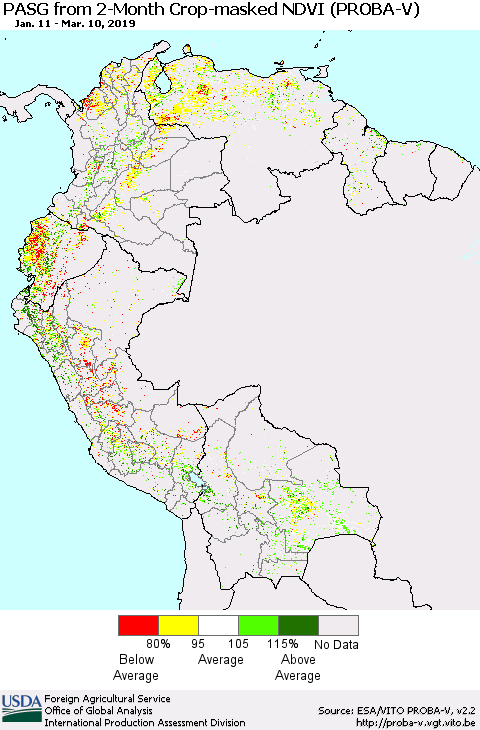 Northern South America PASG from 2-Month Crop-masked NDVI (PROBA-V) Thematic Map For 3/1/2019 - 3/10/2019
