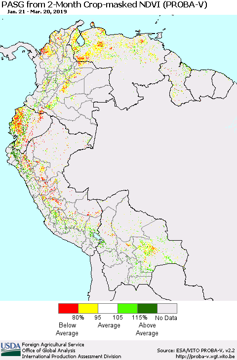 Northern South America PASG from 2-Month Crop-masked NDVI (PROBA-V) Thematic Map For 3/11/2019 - 3/20/2019