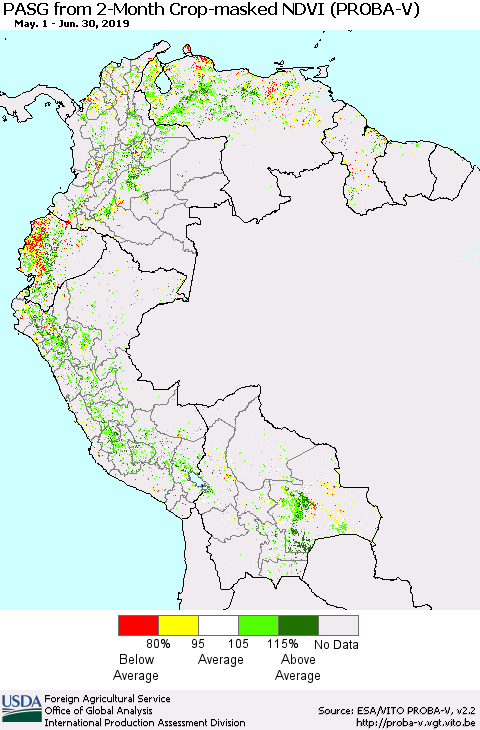 Northern South America PASG from 2-Month Crop-masked NDVI (PROBA-V) Thematic Map For 6/21/2019 - 6/30/2019