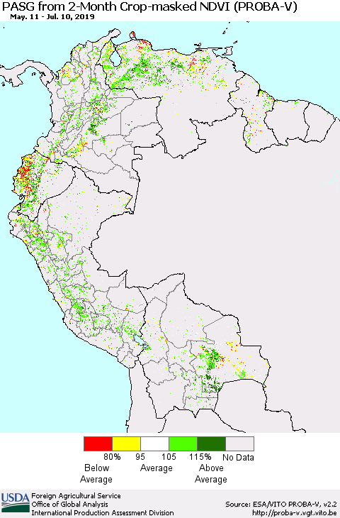 Northern South America PASG from 2-Month Crop-masked NDVI (PROBA-V) Thematic Map For 7/1/2019 - 7/10/2019