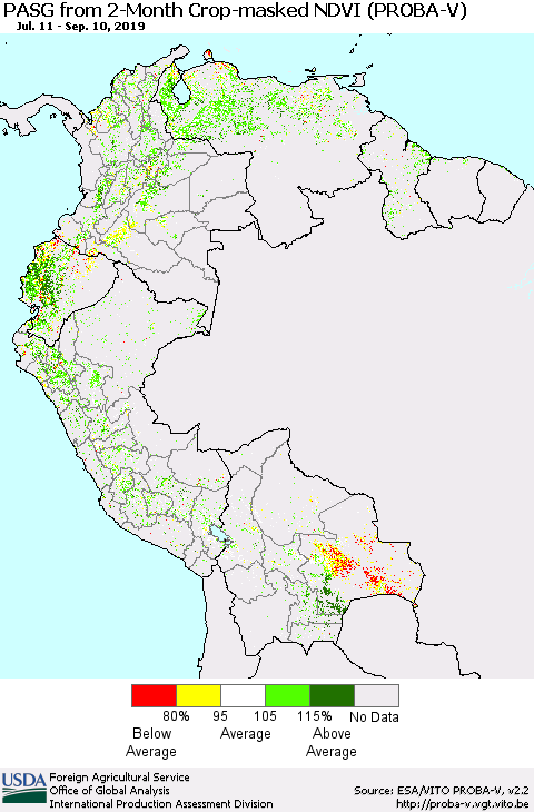 Northern South America PASG from 2-Month Crop-masked NDVI (PROBA-V) Thematic Map For 9/1/2019 - 9/10/2019