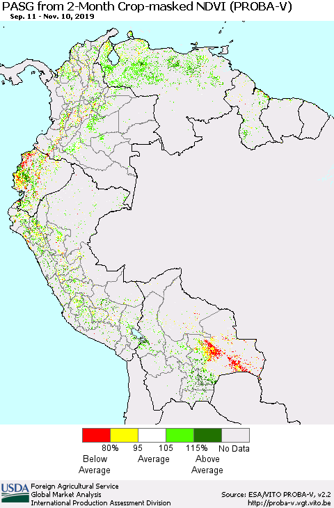 Northern South America PASG from 2-Month Crop-masked NDVI (PROBA-V) Thematic Map For 11/1/2019 - 11/10/2019