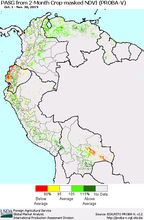 Northern South America PASG from 2-Month Crop-masked NDVI (PROBA-V) Thematic Map For 11/21/2019 - 11/30/2019