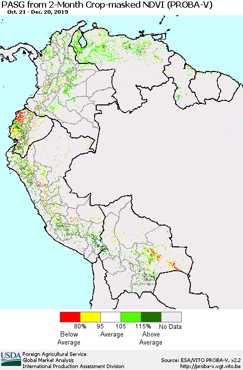 Northern South America PASG from 2-Month Crop-masked NDVI (PROBA-V) Thematic Map For 12/11/2019 - 12/20/2019