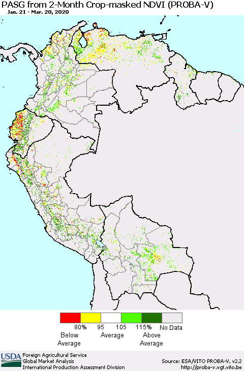 Northern South America PASG from 2-Month Crop-masked NDVI (PROBA-V) Thematic Map For 3/11/2020 - 3/20/2020