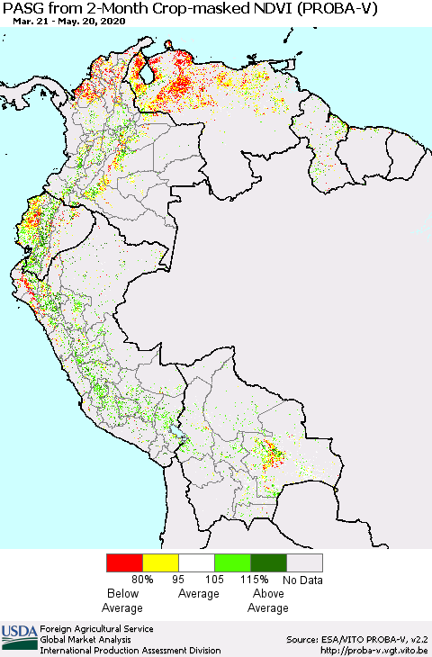 Northern South America PASG from 2-Month Crop-masked NDVI (PROBA-V) Thematic Map For 5/11/2020 - 5/20/2020