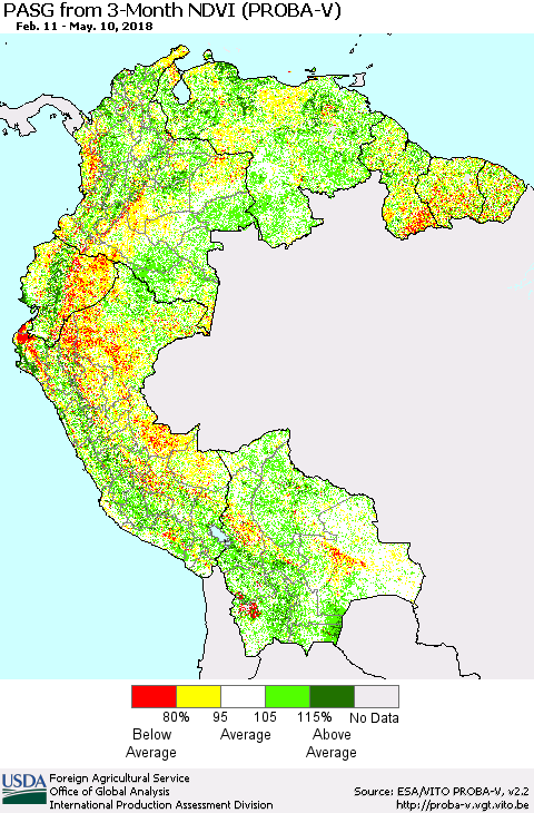 Northern South America PASG from 3-Month NDVI (PROBA-V) Thematic Map For 5/1/2018 - 5/10/2018