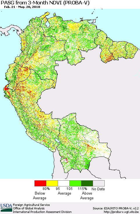 Northern South America PASG from 3-Month NDVI (PROBA-V) Thematic Map For 5/11/2018 - 5/20/2018