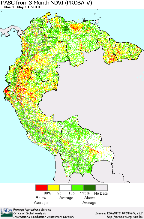 Northern South America PASG from 3-Month NDVI (PROBA-V) Thematic Map For 5/21/2018 - 5/31/2018