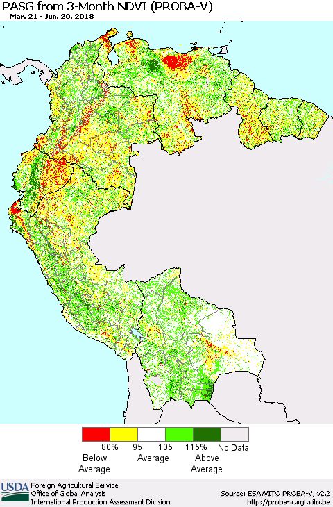 Northern South America PASG from 3-Month NDVI (PROBA-V) Thematic Map For 6/11/2018 - 6/20/2018