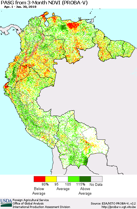 Northern South America PASG from 3-Month NDVI (PROBA-V) Thematic Map For 6/21/2018 - 6/30/2018