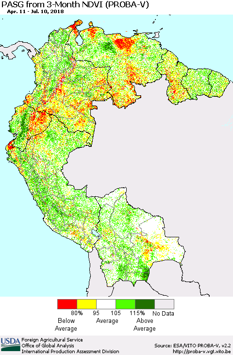 Northern South America PASG from 3-Month NDVI (PROBA-V) Thematic Map For 7/1/2018 - 7/10/2018
