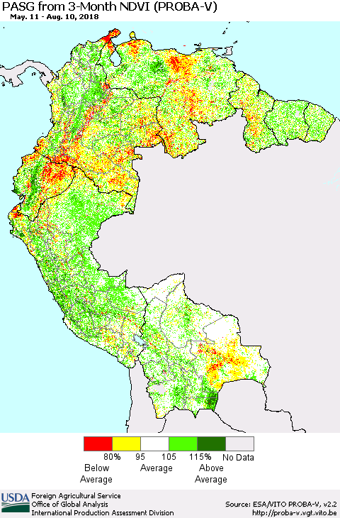 Northern South America PASG from 3-Month NDVI (PROBA-V) Thematic Map For 8/1/2018 - 8/10/2018