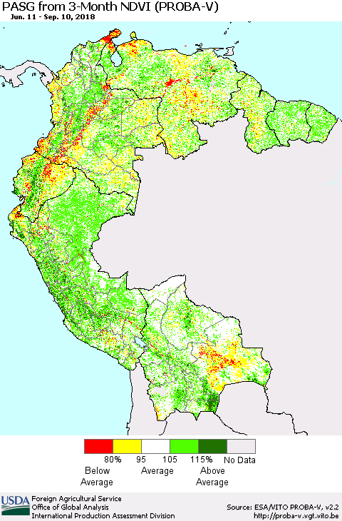 Northern South America PASG from 3-Month NDVI (PROBA-V) Thematic Map For 9/1/2018 - 9/10/2018