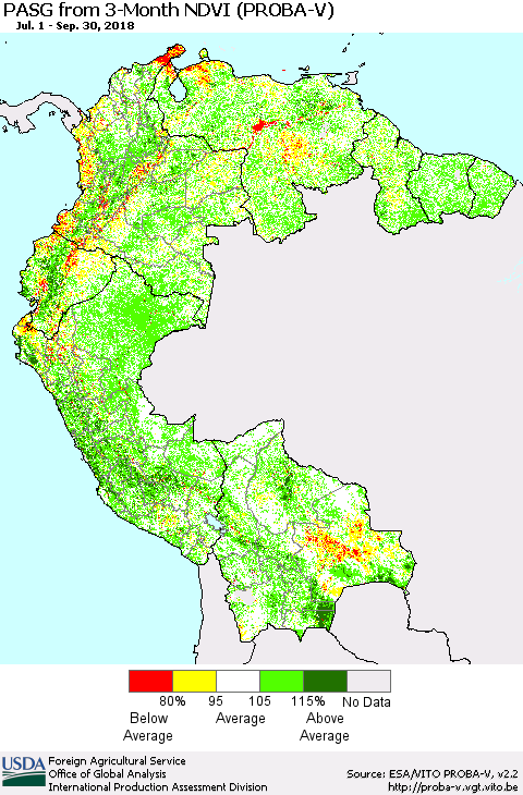 Northern South America PASG from 3-Month NDVI (PROBA-V) Thematic Map For 9/21/2018 - 9/30/2018