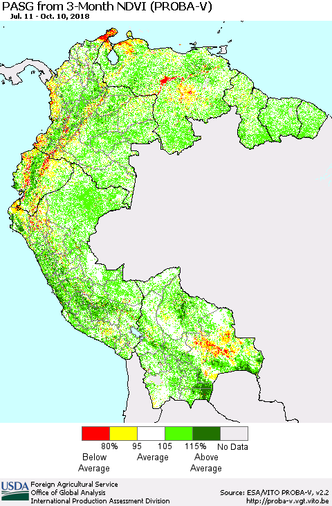 Northern South America PASG from 3-Month NDVI (PROBA-V) Thematic Map For 10/1/2018 - 10/10/2018