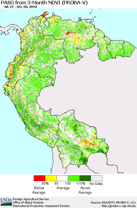 Northern South America PASG from 3-Month NDVI (PROBA-V) Thematic Map For 10/11/2018 - 10/20/2018