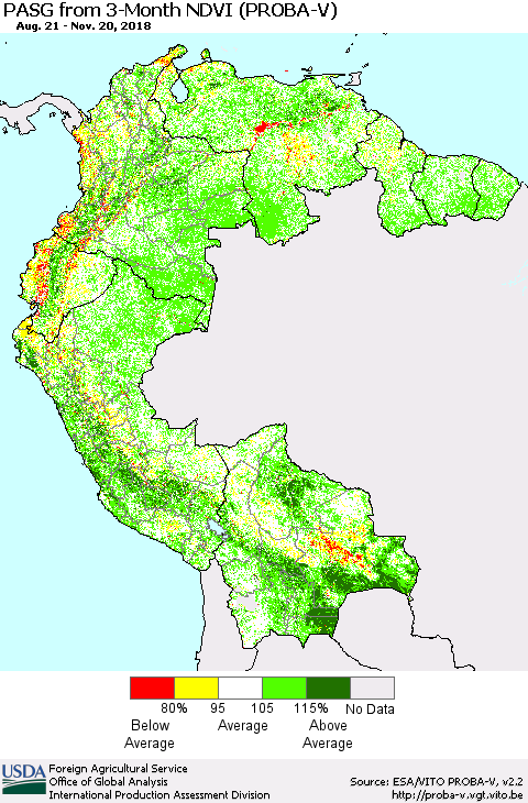 Northern South America PASG from 3-Month NDVI (PROBA-V) Thematic Map For 11/11/2018 - 11/20/2018