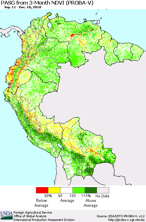 Northern South America PASG from 3-Month NDVI (PROBA-V) Thematic Map For 12/1/2018 - 12/10/2018